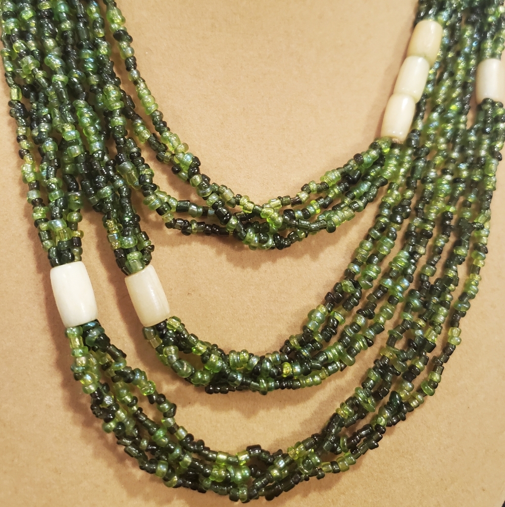 Vintage Long Bead Necklace Four Strand 60" Green Bead Necklace
